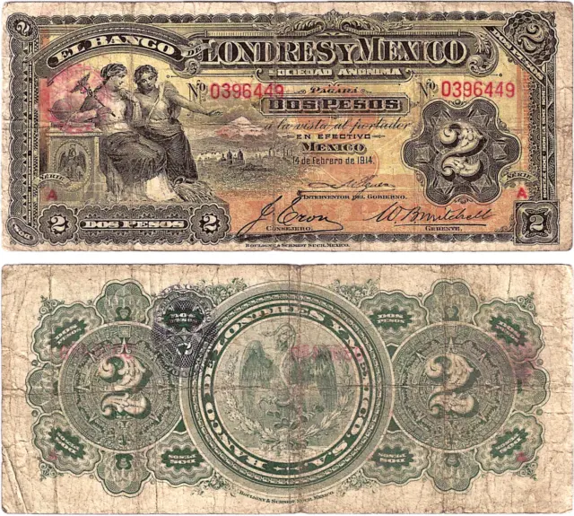 Mexico, 2 Pesos, Banco de Londres y Mexico,Series A, 2-14-1914,S/N 0396449,S-241