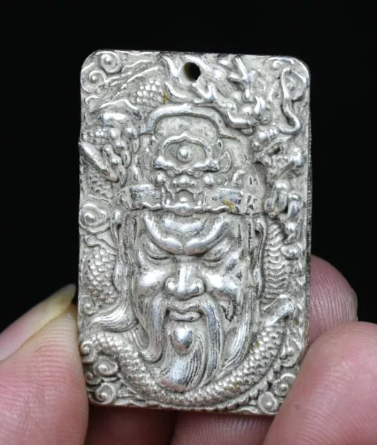 4CM Rare Old Chinese Miao Silver Feng Shui Guan Gong Dragon Lucky Pendant