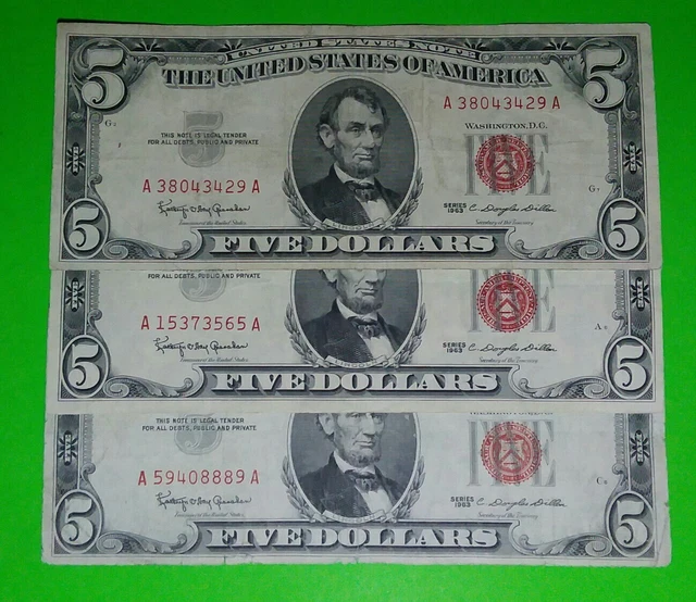 Lot Of 3, 1963 5$ Red Seal Notes ! F./Vf. Circ. ! Old Us Currency !!