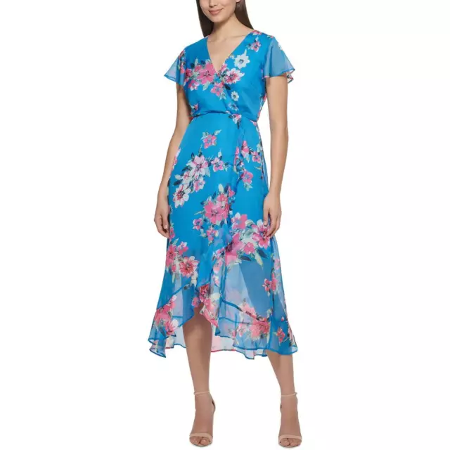 Kensie Womens Floral Chiffon V-Neck Midi Cap-Sleeve Fit & Flare Dress BHFO 9633