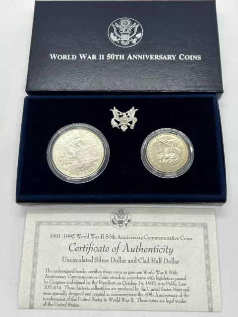 1991-1995 World War II 50th Anniversary 2 Coin Commemorative Coins Silver COA