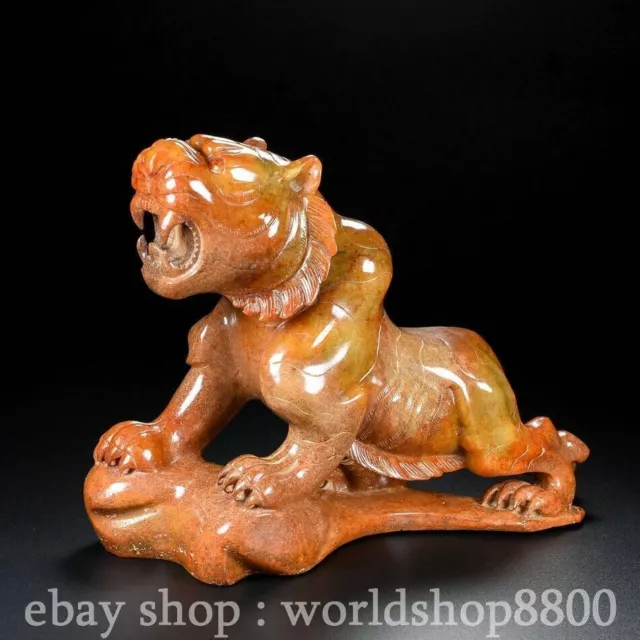 10.8" Chinese Natural Hetian Jade Nephrite Carving Tiger Beast Statue Sculpture