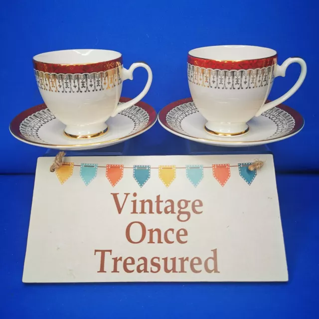 Royal Grafton MAJESTIC Maroon * 2 x TEA / COFFEE CUPS & SAUCERS *  Vtg 1950s VGC