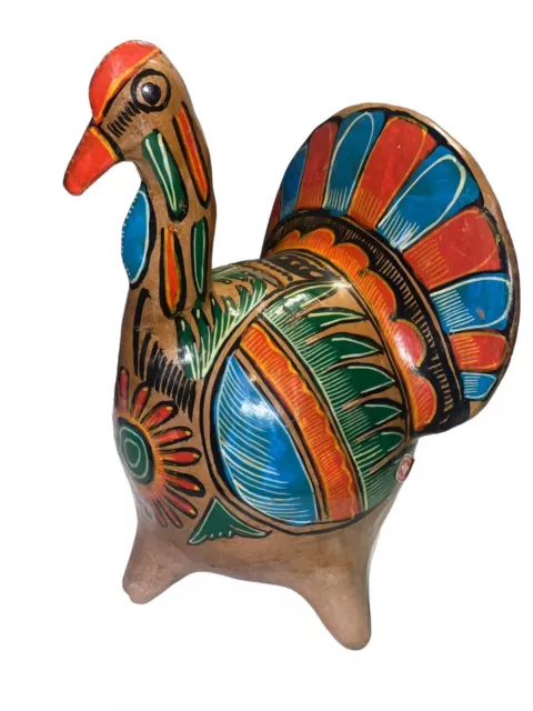 Mexican Art Pottery Tonala Hand Painted Turkey Coin Bank 8.5 in Tall-as Is