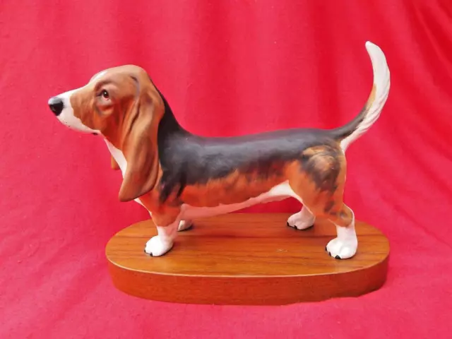 BESWICK Basset Hound "Fochno Trinket" Dog 2045B on Wooden Plinth Matt Finish