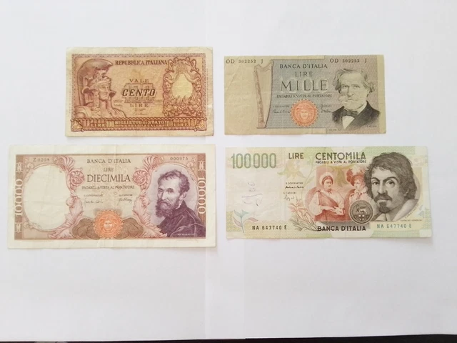 Lot 4 Italian Banknotes Lire With £10,000 Michelangelo Number Rare bass. R2 BB+