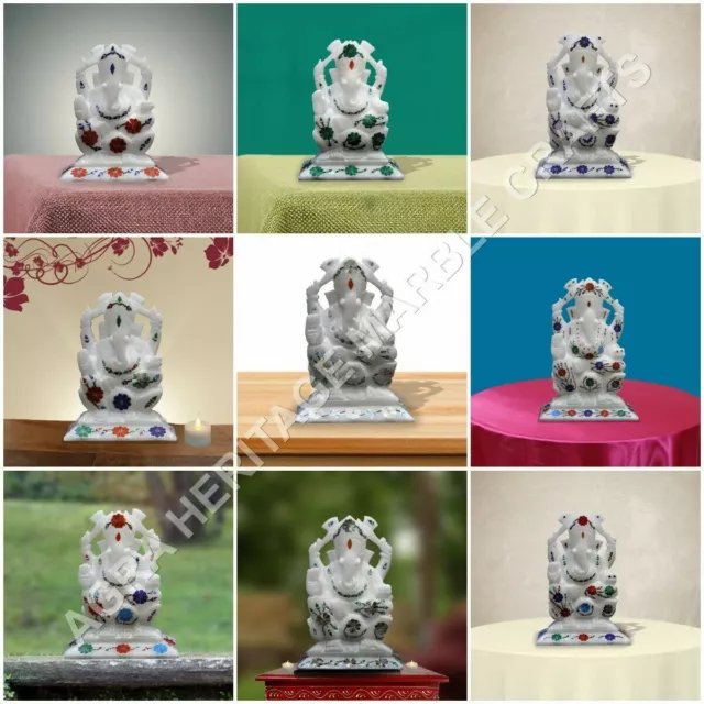 Marble Ganpati Ganesh Statue Unique Design Precious Inlay Stone Gift Decor E1347