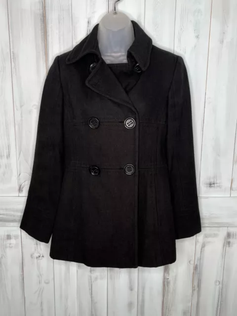 Womens Kenneth Cole Reaction Solid Black Classic Wool Pea Coat Jacket Petite 6P