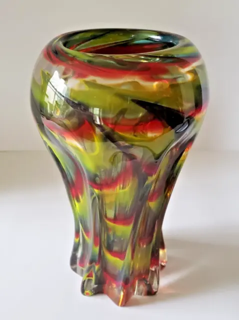 Vintage Heavy Art Glass Vase Swirl of Red, Green & Yellow 9.75" Tall MURANO?