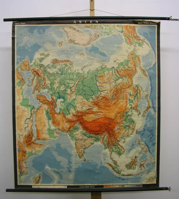 Schul-Wandkarte Asien China Nordpol Europa 1962 95x109cm 1962 paßt überall hin !