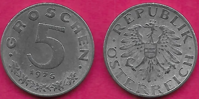 Austria 5 Groschen 1975 Vf Imperial Eagle With Austrian Shield On Breast,Ho