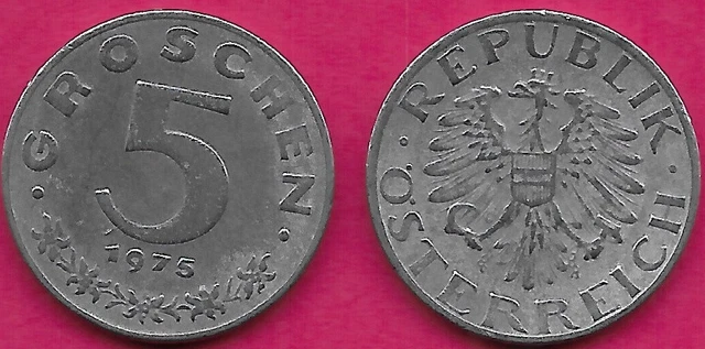 Austria 5 Groschen 1975 Vf Imperial Eagle With Austrian Shield On Breast,Ho
