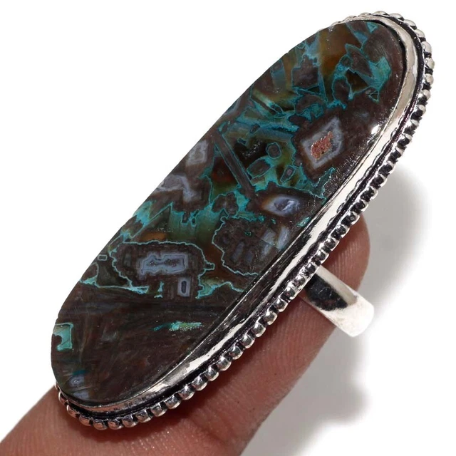 925 Silver Plated-Stick Agate Ethnic Gemstone Ring Jewelry US Size-6.5 JW