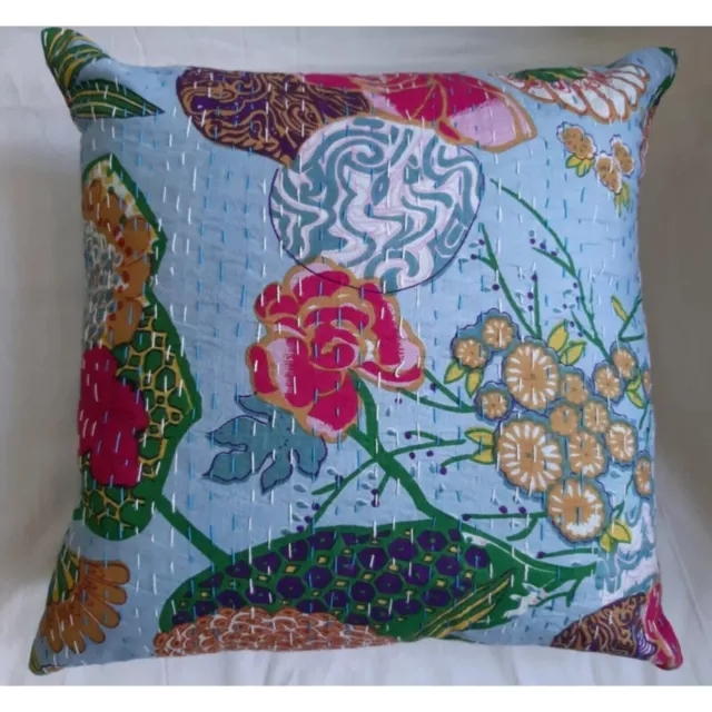 Kantha Quilted Floral Pillowcase Indian Handmade Cushion Cover Boho Bed Throw