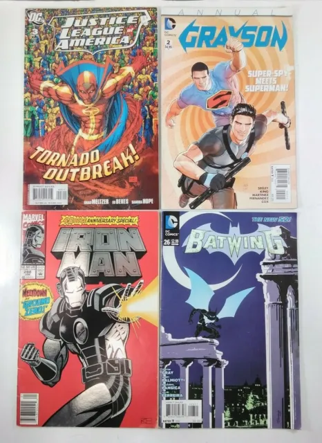 4 Comic Books DC & Marvel Comics: Justice League, Grayson, Iron Man, Batwing