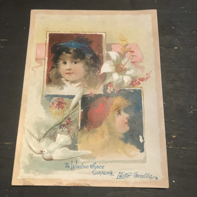1800’s  VICTORIAN TRADE CARD WOOLSON SPICE LION COFFEE Easter Greetings