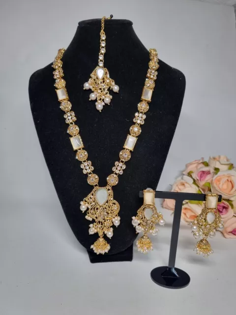 Indian Pakistani Gold Mala Set With White Stones And Pearls