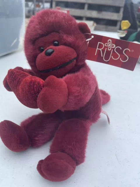 VTG 9" Russ Berrie Plush Monkey Burgundy Red Love Valentine Heart Huggers