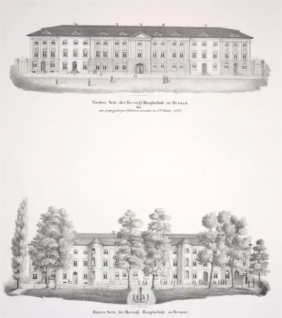 DESSAU - "Vordere Seite der Herzogl. Hauptschule" - Lithographie 1835