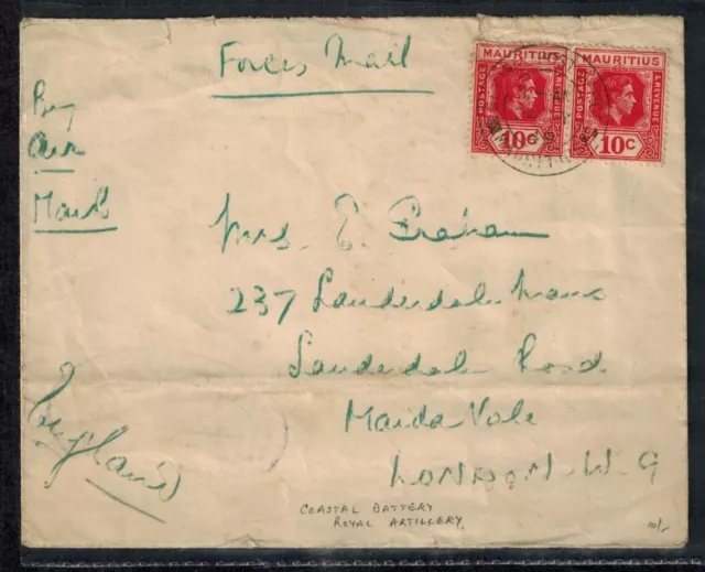 Mauritius 1949 Military Mail Cover w/10C Pair & COASTAL BATTERY/ROYAL ARTILLERY