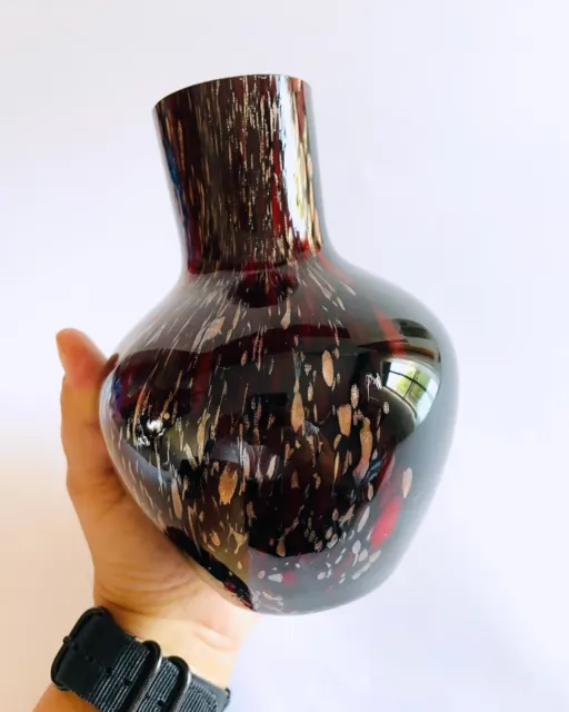 antico vaso in vetro di Murano con avventurine decoro oro e rosso