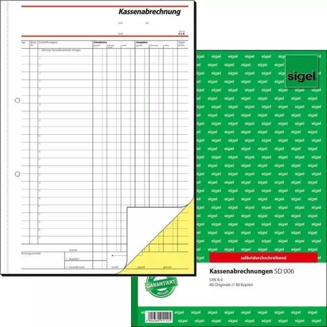 Kassen Abrechnung Formularbuch SIGEL SD006 DIN A4 40 Blatt mit Kopie