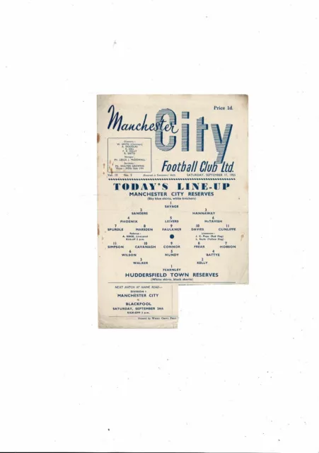 1955/56 Manchester City v Huddersfield Town Central League Football Programme