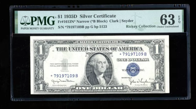 DBR 1935-D $1 Silver Narrow STAR Fr. 1613N* PMG 63 EPQ Serial *79197109B