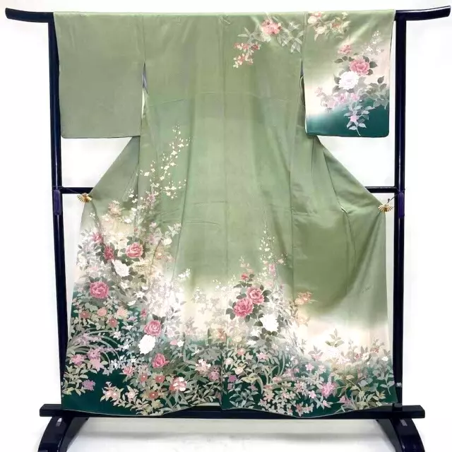 Japanese Kimono "HOUMONGI"  Silk M size A rank green flower kimono  1095