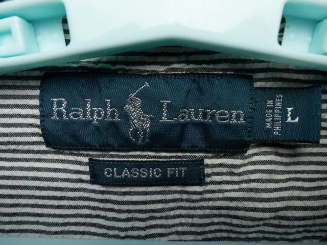 Polo Ralph Lauren Shirt Mens Large Gray White Striped Seersucker Short Sleeve 2