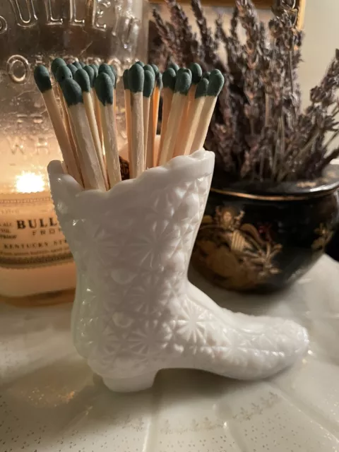 Fenton Milk Glass Boot Small 4" Vase Figurine White Daisy Button Pattern