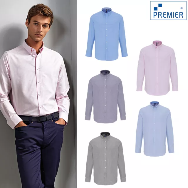 Premier Men's Cotton-Rich Oxford Stripes Shirt (PR238) - Long Sleeve Office Wear
