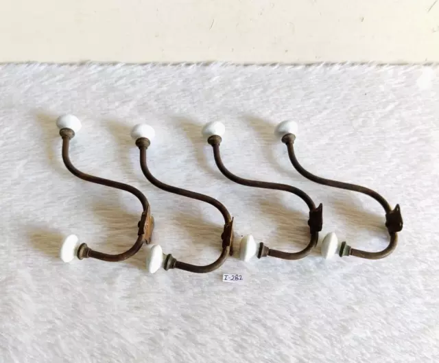 Vintage Original Victorian Ceramic Knobs Ornate Iron Wall Hanger Hook 4Pcs G282