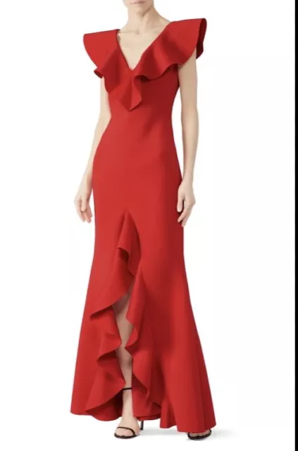 Badgley Mischka Red V-Neck Ruffle Scuba Gown Size 6 High Low Formal