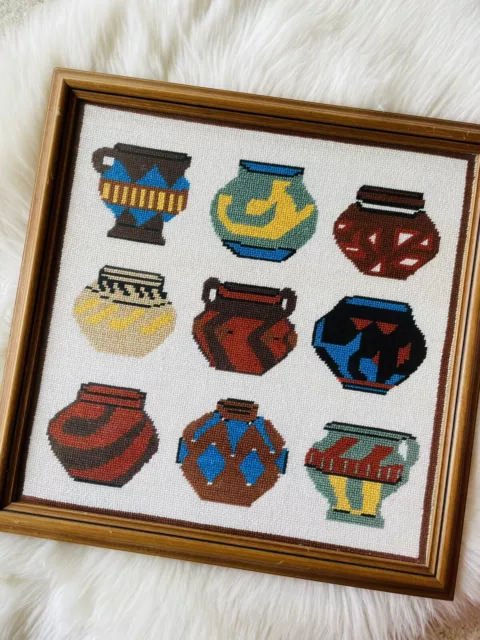 American Indian Pottery Needlepoint Framed Native 90s Fiber Art Boho Wall Decor