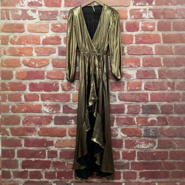 Free People Zohara Lame Wrap Dress Womens Small Gold Metallic Ruffle Maxi