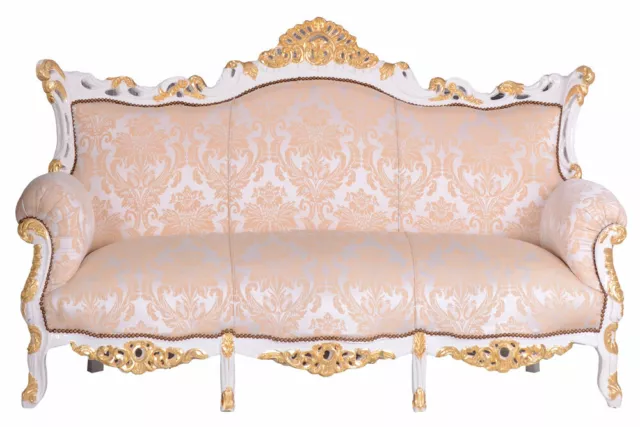 Large Sofa Baroque Cream-White Royal solid wood couch salon palace seat