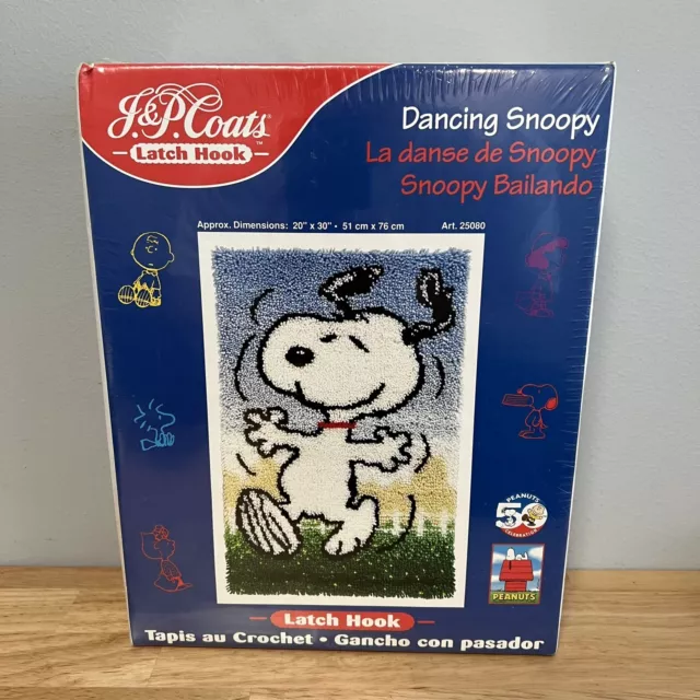 Vintage J&P Coats Latch Hook Peanuts Dancing Snoopy Rug Kit NEW Sealed 20" x 30"