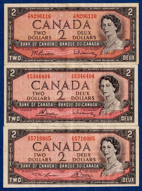 CANADA $2 (1954) BC-38b,c,d / P-76b,c,d -Circ Notes-3 Different Signature sets