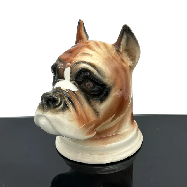 VINTAGE 1950S MCM Boxer Dog Head Vase Planter Ceramic Realistic 6" Tall