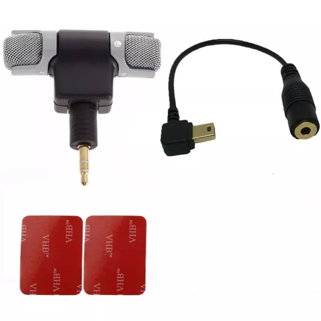 Kit 4in1 microfono stereo+adattatore mini USB+2 biadesivi per GoPro Hero 3 3+ 4