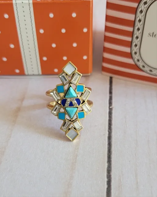 New Stella & Dot Stone Tile Ring Mosaic Turquoise Gold Adjustable Small / Medium