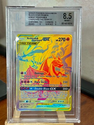 Carte Pokemon Reshiram & Charizard (Dracaufeu) GX sm247 Full Art GOLD BGS 8.5 US