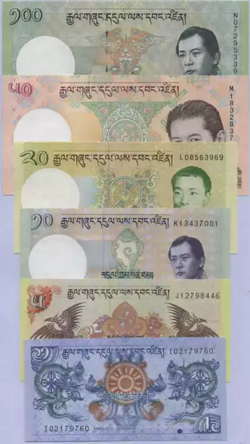 Bhutan Set 6 Pcs 1 5 10 20 50 100 Ngultrum Random Date P 27 28 29 30 31 32 UNC