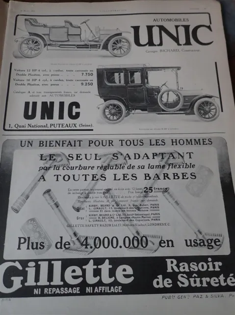 UNIC automobile + rasoir GILLETTE publicité papier ILLUSTRATION SALON 1911 col