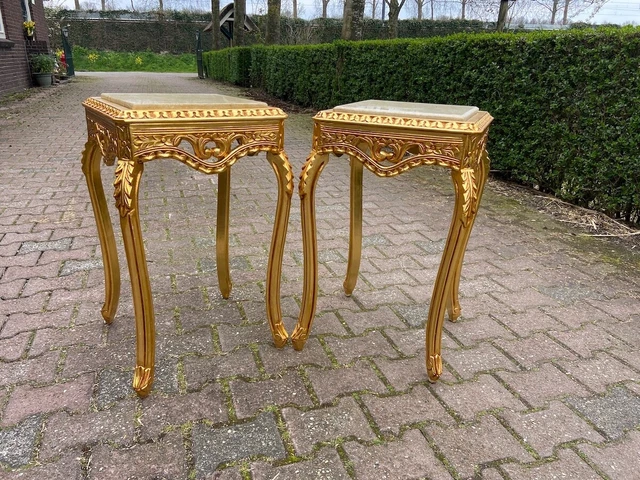 French Louis XVI Baroque Rococo pair of side tables in beech with marble top 2pc