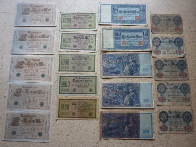 Lot: 20 x  Reichsbanknote 20, 100, 1000 MARK,  10600 Mark 1910-22