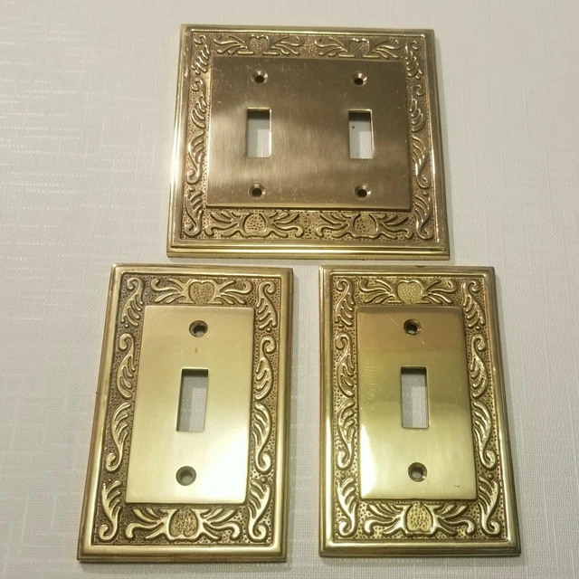 Set of 3 Vintage 80s Solid Brass Electrical Light Switch Plate Covers