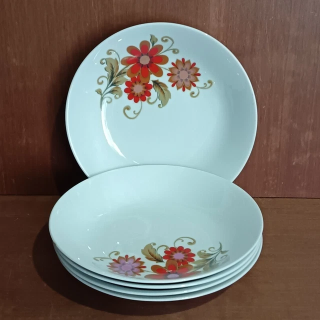 Lot De 4 Assiettes Creuses à Soupe Winterling Röslau Bavaria, Porcelaine Allemande Années 70, Motif Floral Blanc Rose Doré