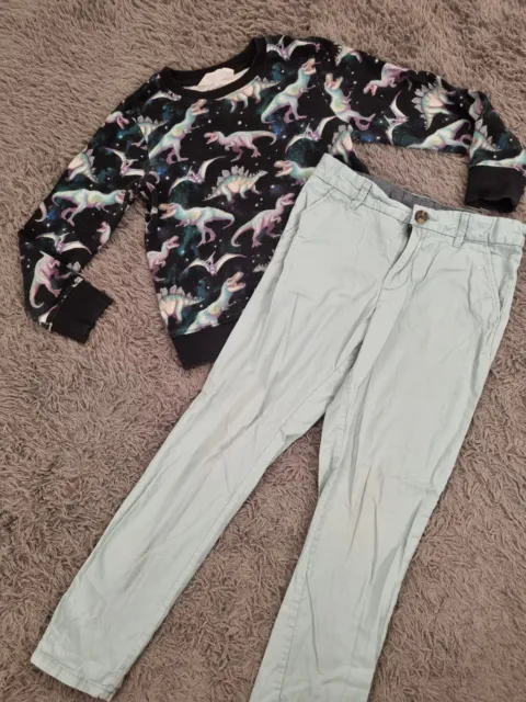 Outfit Gr.122/128 H&M Dino Pullover Schwarz Chino Hose Mint Junge Set Cool